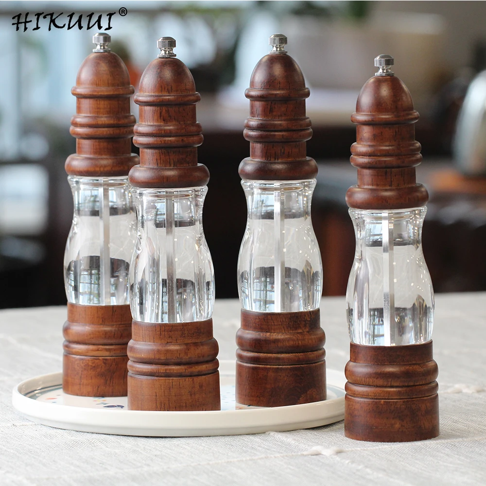 

4pcs/set Manual Pepper Salt Mill Grinder Dry Spice Sauce Grinder Peper Weed Malt Grain Mill Wood + Acrylic Kitchen Gadgets