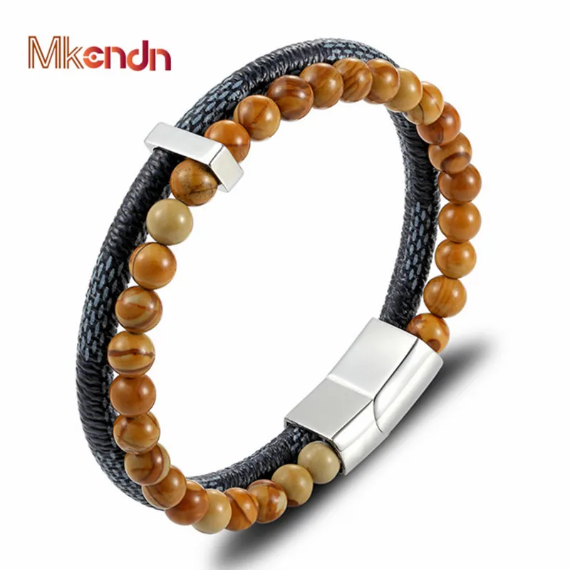 

MKENDN New Fashion 6mm Natural Stone Beads Bracelet For Men Black Genuine Leather Bracelet Yoga Beaded Bracelets