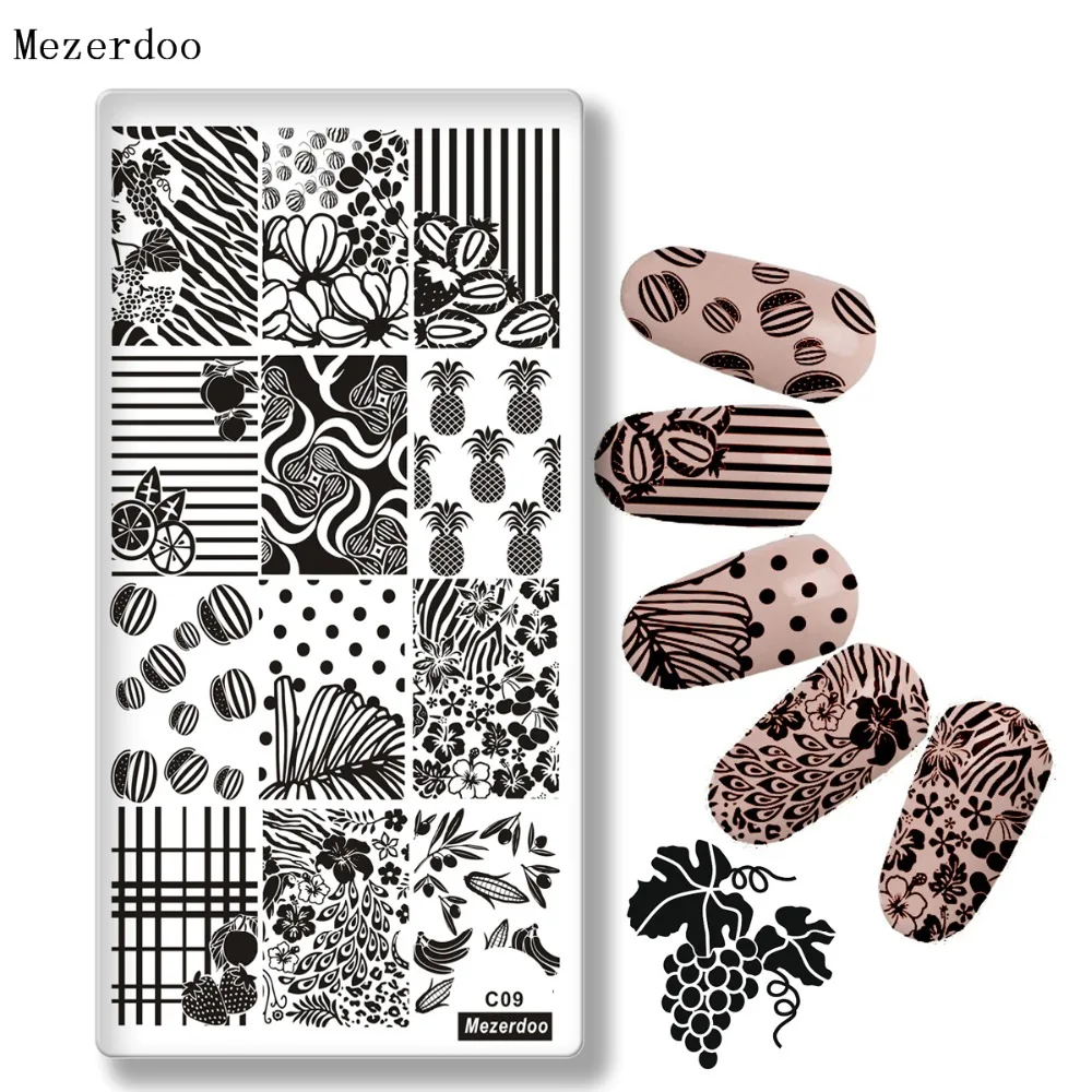 

Mezerdoo 1Pcs Summer Fruit Design Stamping Template Pineapple Leaf Strawberry Watermelon Rectangle Nail Art Image Plates C09