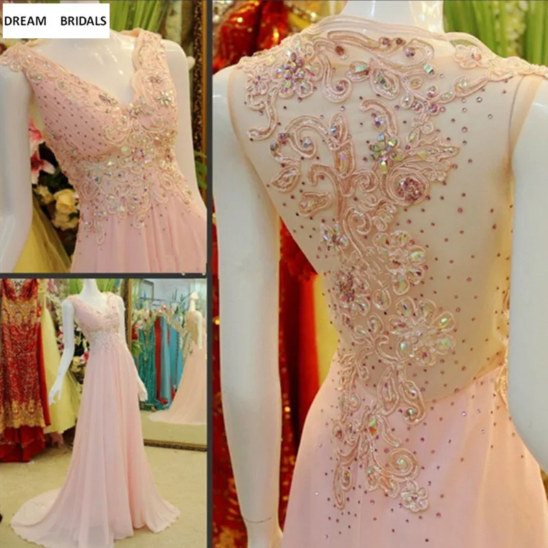 Pink A-Line Sexy V-Neck Robe De Soiree Beading Appliques Long Evening Dresses Formal Prom Dresses Abendkleider 2019
