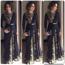 Black Long Sleeve Turkish Hijab Evening Dresses Gold Appliques Indian Prom Dresses 2016 Vestidos de Festa African Evening Gowns