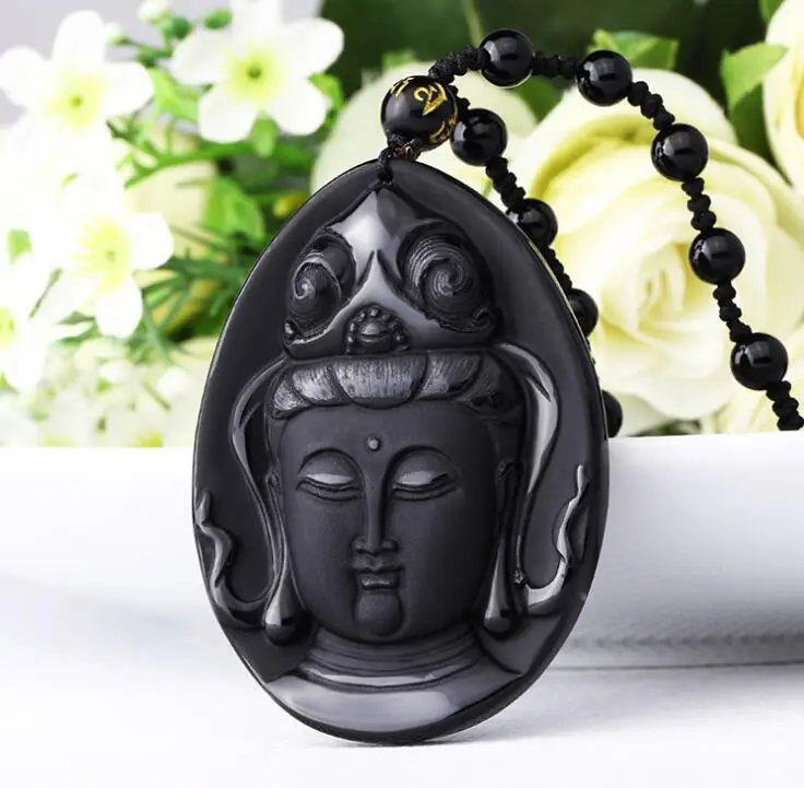 

100% Natural Obsidian Hand Carved Guanyin Bodhisa Lucky Pendant Necklace