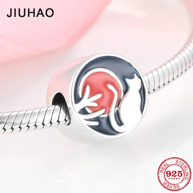 

New 925 Sterling Silver Autumn harvest Cat sunset Enamel Charms Beads Fit Original Pandora Bracelet Jewelry making
