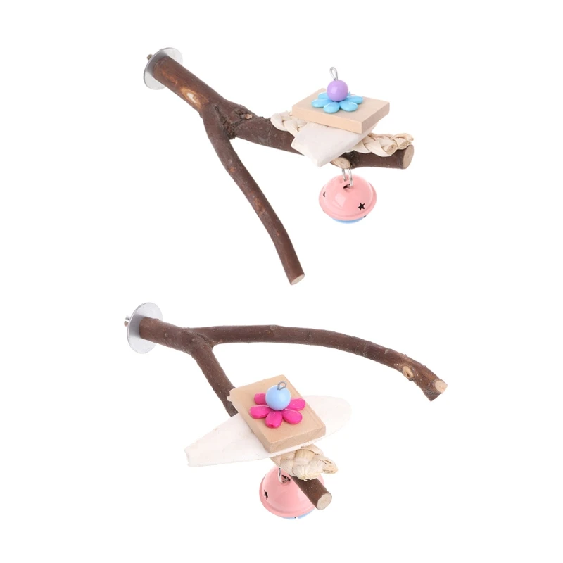 

Parrots Birds Perch Stand Holder Natural Wood Tree Crotch Shelf Hanging Toy Bell