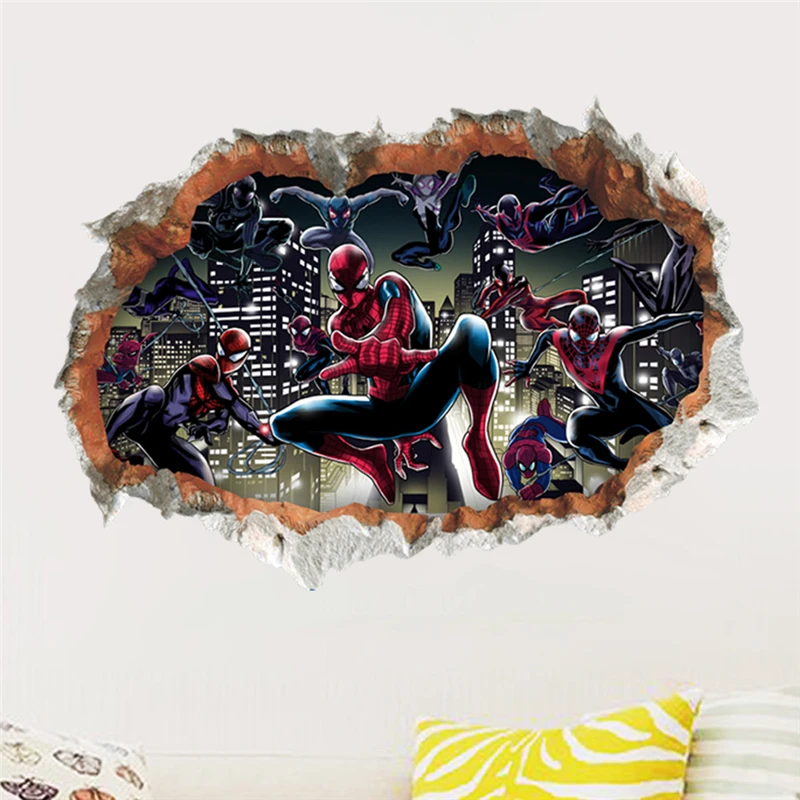 Горячие 3d отверстия Человек-паук наклейки на стены для детей комнаты домашний декор мультфильм фильм пробивая стены наклейки ПВХ Фреска подарки для мальчиков