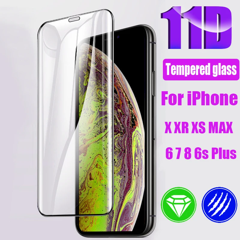 

11D Full Cover Protective glass for iPhone 7 X XR XS Max 8 Plus Screen Protector for iPhone X XR XS Max 7 8 6S 6 Plus glass