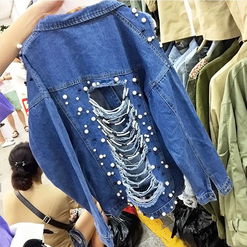 Perles Automne Slm Denim Nouveau Vendu Trou Femmes 2018 Jeackt xqw6I5Bx