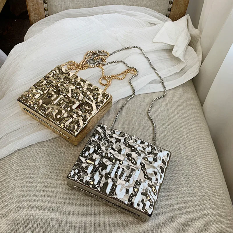 

Vintage Solid Box Type Shoulder Bags Water Evening Bags For Women's Ripple Design Women Messenger Bag Ladies Chains Hand Bag New