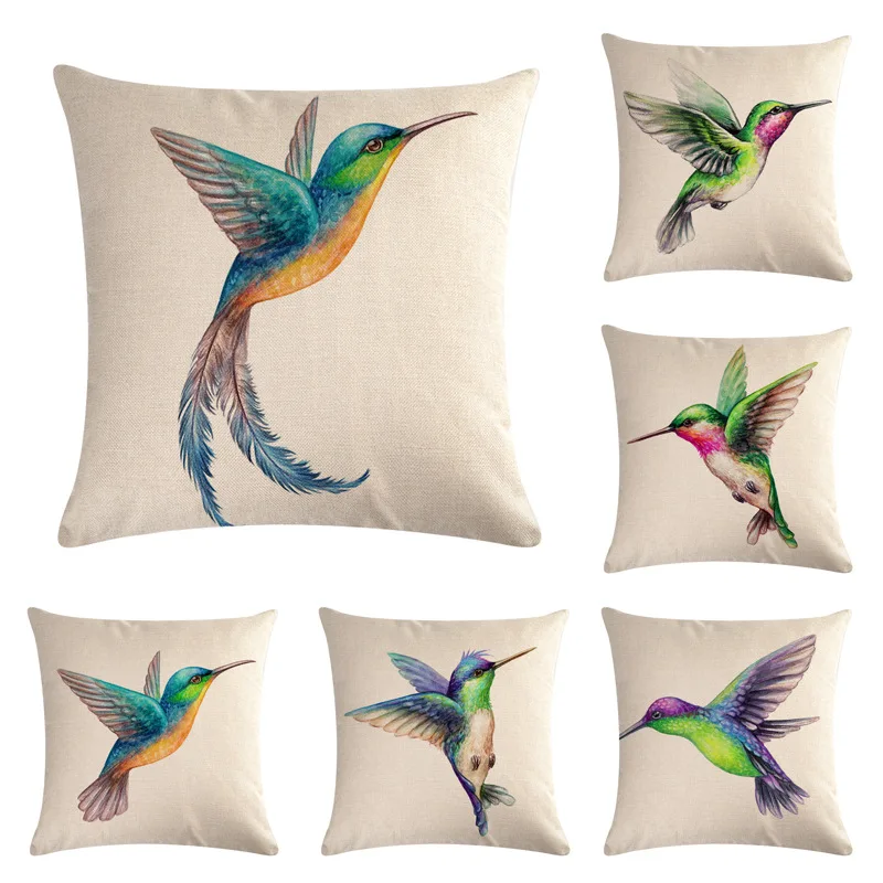 45x45cm Hummingbird Series Linen Pillowcase Animal Watercolor Print Cushion Cover Bird Idyllic Farmhouse Home Accessories