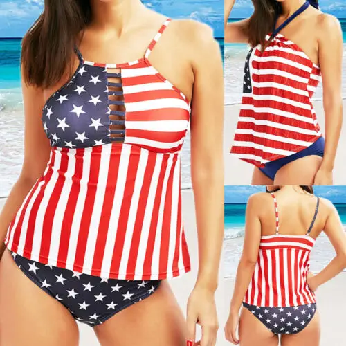 

Sexy Women Bikini Set Bandage Push-Up Padded US National Flag Print Summer Backless Swimwear Swimsuit Bathing