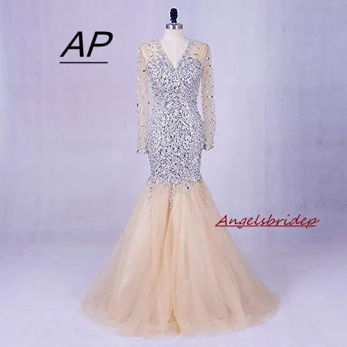 

ANGELSBRIDEP Luxury Crystal Long Sleeves Wedding Dress 2019 Bridal Gowns Sexy Formal V-Neck Mermaid Bride Desses Custom Made