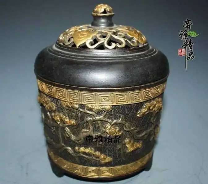 

China Buddhism Copper 24K Gold Gild Silver-gilt Pine Tree Incense Burner Censer
