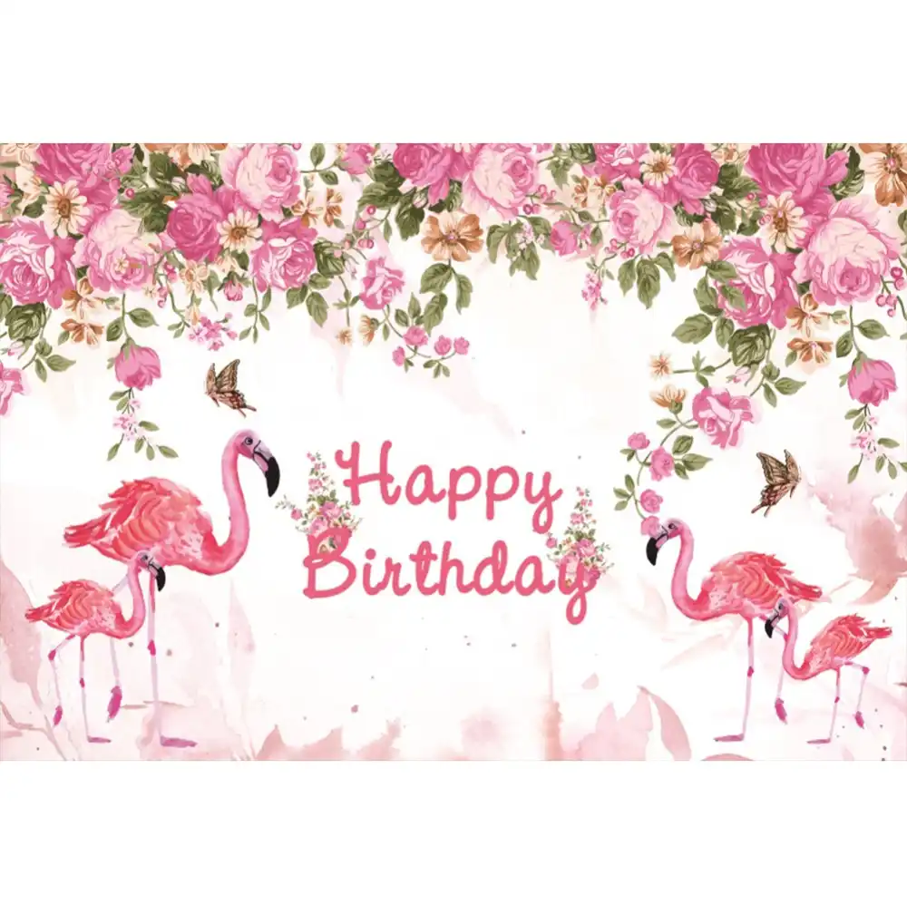 Laeacco Pink Flamingo Blooming Flower Happy Birthday Baby