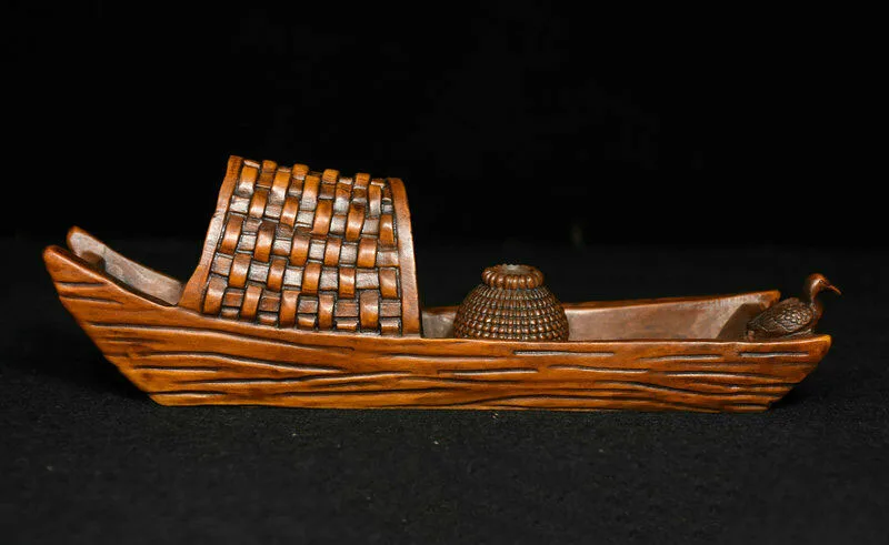 

wedding decoration Old Chinese Folk Boxwood Wood Carved fishing vessel boat cormorant Adorn Statue