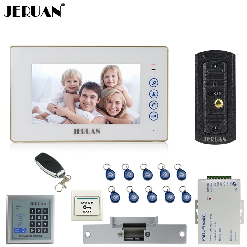 

JERUAN 7`` Touch key Video Door phone Intercom System kit 1 Monitor 700TVL IR Pinhole Camera RFID Access Control Cathode lock