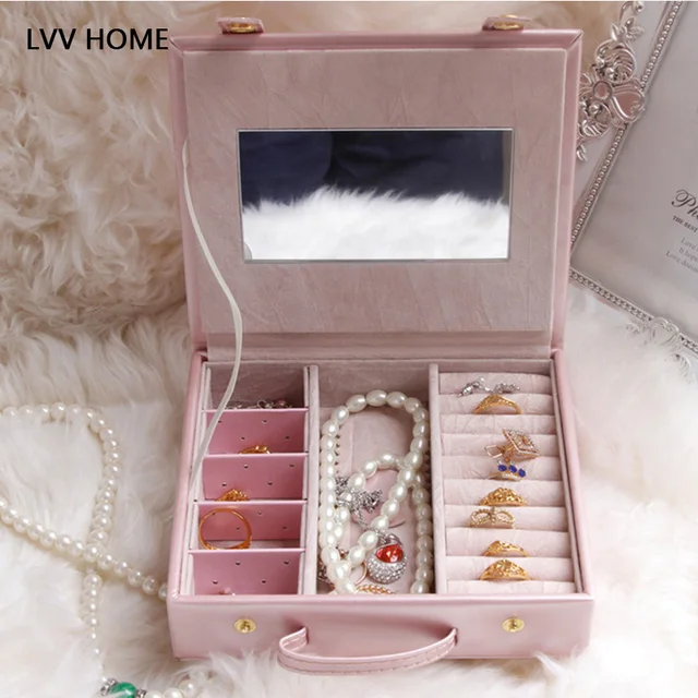 LVV HOME PU leather princess jewelry storage box/small wearable advanced flocking arrings ring storage tool