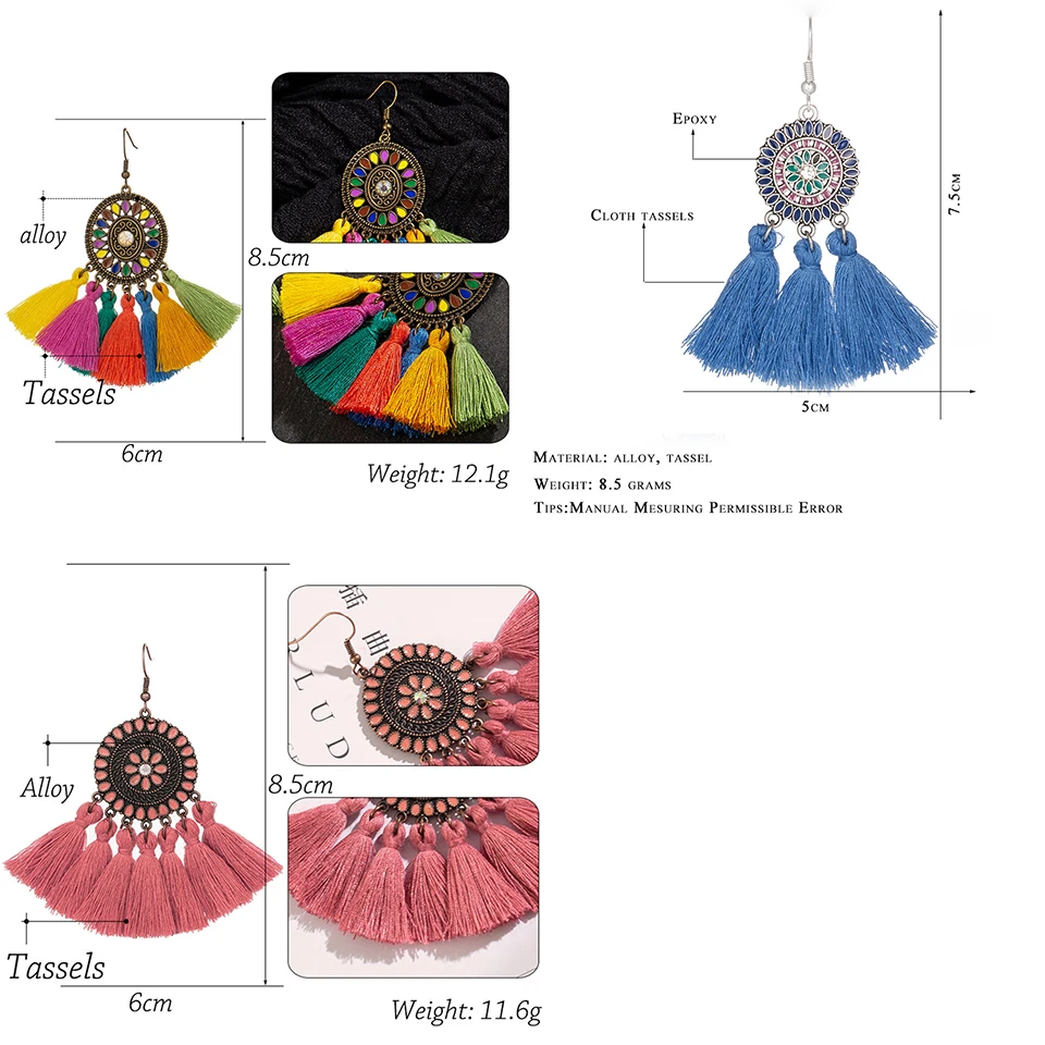 Красочные женские серьги с кисточками, винтажные богемные этнические серьги с бахромой, висячие серьги, ювелирные изделия
