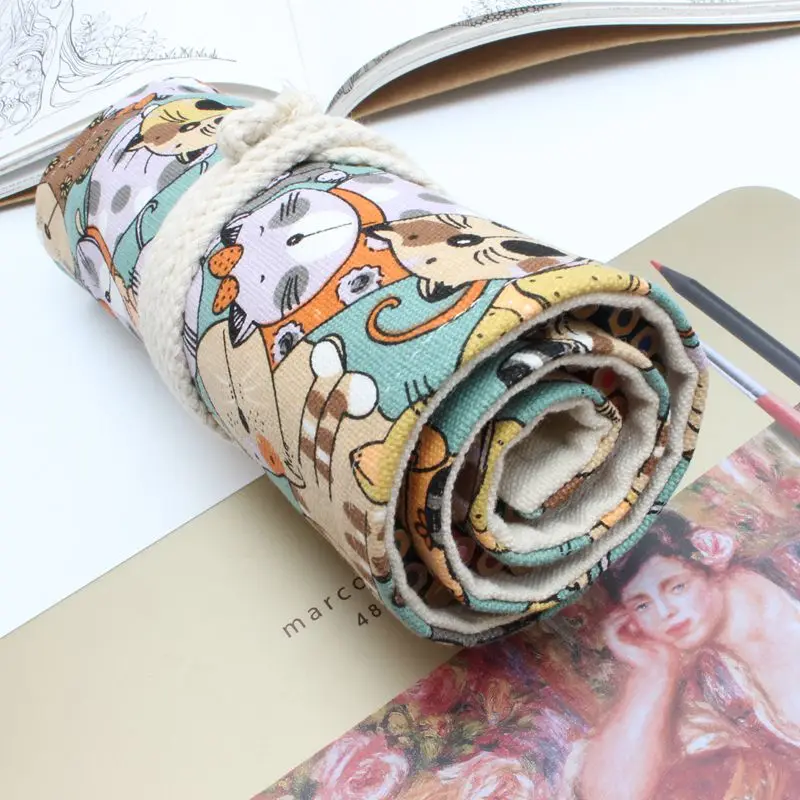 TOPSTHINK cat pattern pencil pouch cute canvas Roll pen pocket with rope middle hardness novelty pencil case with 5 size