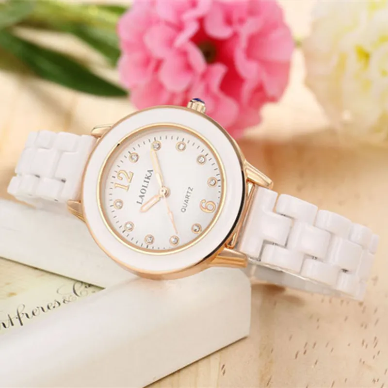 

Luminous Atmospheric White Plus Gold Quartz Arabic Numbers Ceramic Strap Watch for Women Student Fashion & Casual Chronograph