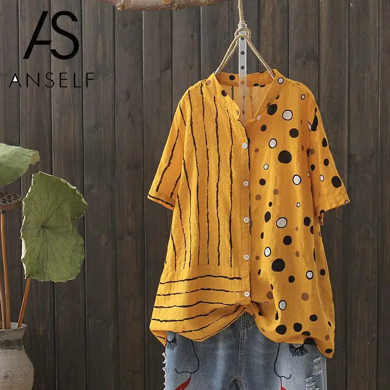 

Vintage Summer Tops 2019 Women Blouse cotton tunics Large Size Striped Polka Dot Print Short Sleeve 5XL Plus Size Shirt female