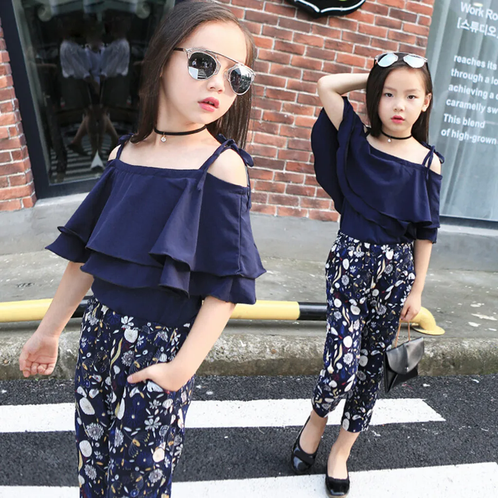 

Summer Cotton Regular Casual kids Girl Outfit Square Neck Short Sleeve Solid Clothes And Floral Shorts Children Set For Girl