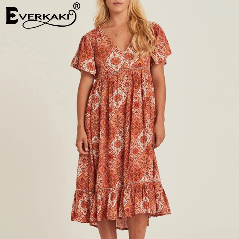 Everkaki богемный цветочный принт женское длинное платье Vestidos с v образным вырезом