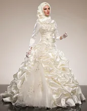 Oumeiya OMY225 Saudi Arabia Long Sleeves Muslim Wedding Dresses Ball Gowns Ruffles Beadings Draped Wedding Gowns With Hijab