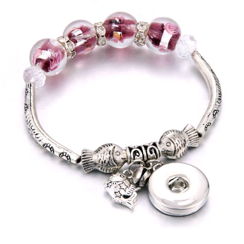 

New Snap Jewelry Flower Beading fish Pendant Beaded bracelet Fit 20MM 18MM Snap Buttons Jewelry Metal Snaps Bracelet