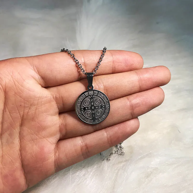 

Religious San Benito Medal Pendant Stainless Steel Chain Silver Color Cross Jesus Saint Benedict Necklaces for Women Men Jewelry