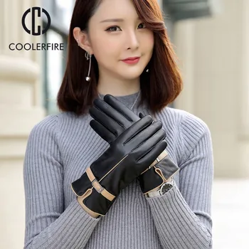 

High Quality Elegant Women Genuine Lambskin Leather Mittens Pin Buckle Autumn And Winter Female Hot Trendy Female Gloves ST024