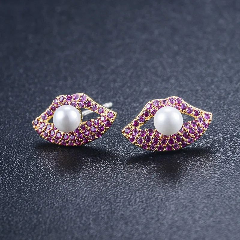 

New personality red lips inlaid pearl earrings fashion creative inlaid red zircon woman Stud Earrings