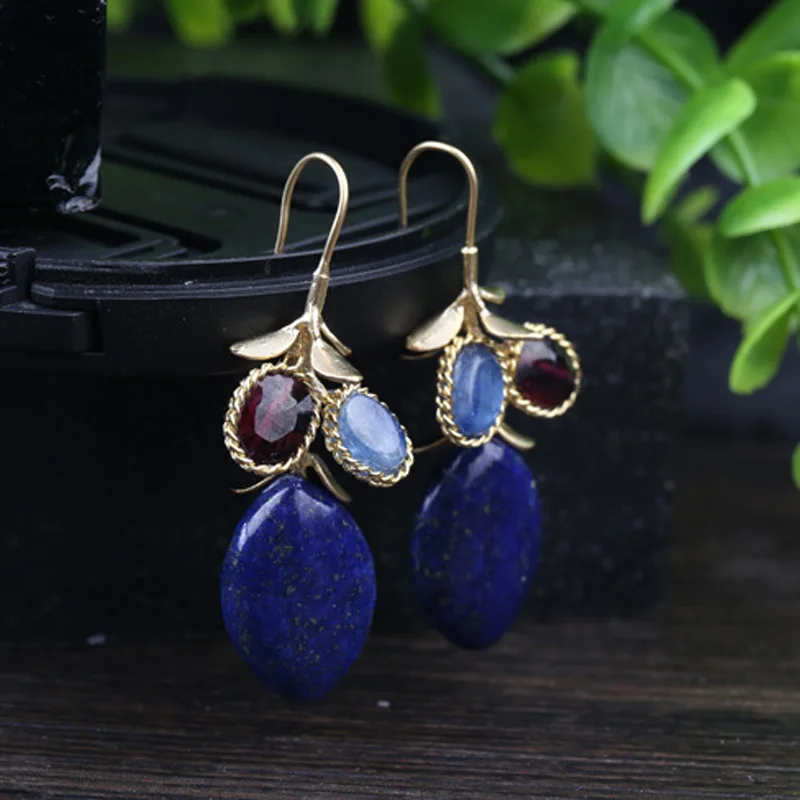 

Natural lapis lazuli inlaid garnet long ear hook earrings