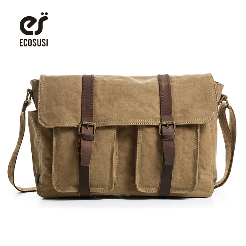 

ecosusi Vintage Briefcase Canvas Leather Shoulder Bags Men Tote Briefcase Leisure Bag
