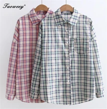 2018 spring office loose Women’s Casual long sleeve blusas Plus Size blue office Linen Blouses Female Plaid Shirts Blouse Tops