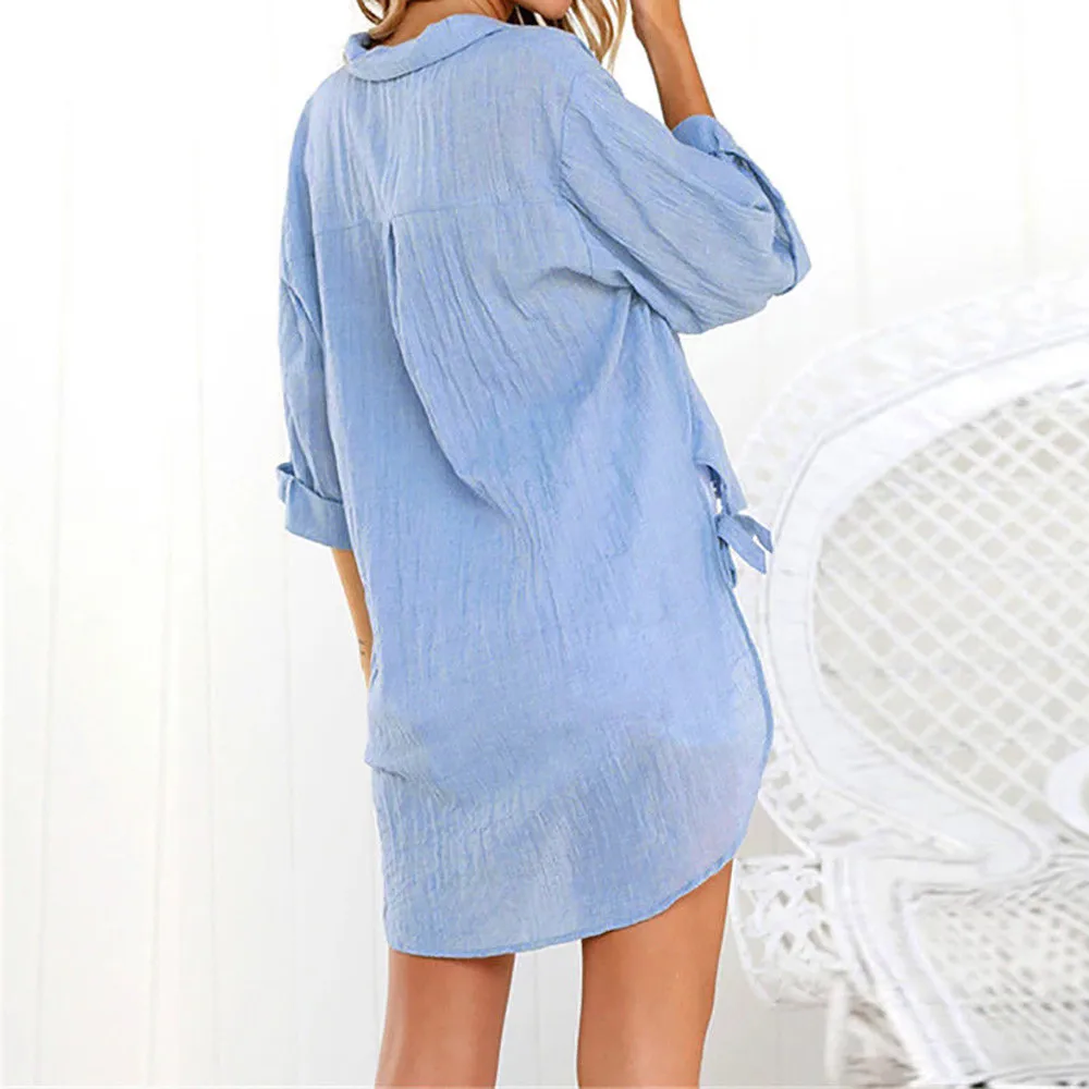 Nueva moda Mujer suelta botón Camisa larga Casual tres cuartos algodón señoras Casual Camisa verano otoño blusa Ropa De Mujer