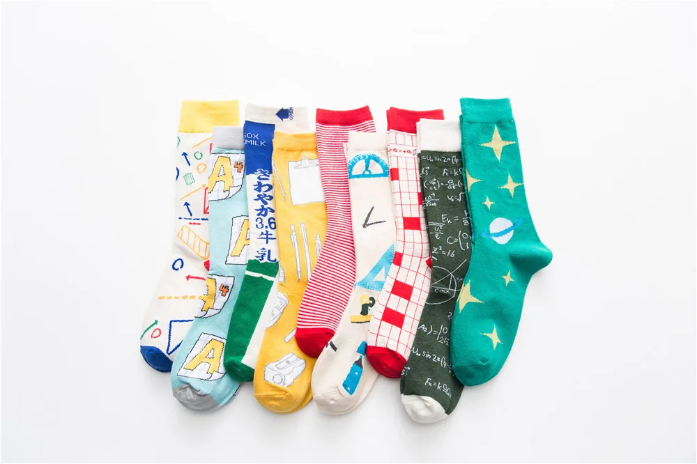 Мужские носки с мультипликационным принтом «Молочная линейка», канцелярские товары, забавные хлопковые чулки в стиле Харадзюку в стиле хип-хоп