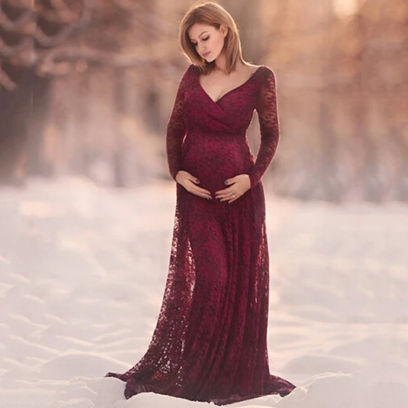 BUOYDM Donna Vestiti Fotografiche Puntelli di maternità in Pizzo Eleganti Abito Lungo Spiaggia Abiti