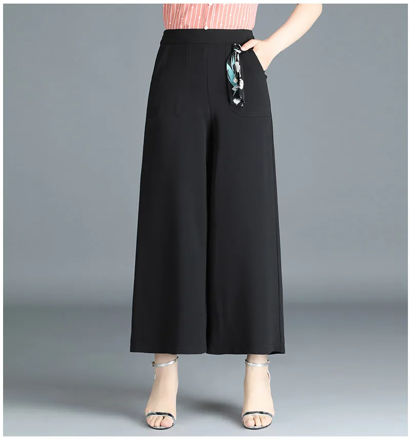 Брюки для женщин Новые Летние Осенние широкие брюки, расцветка черная и хаки на шнуровке эластичные с высокой талией S-3XL размера плюс свободные длинные брюки