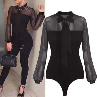

Women Fashion Long Sleeves Sexy tulle Bodysuit Spliced See through Black Bandage Mesh Sheer Leotard Tops Jumpsuit