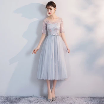 

Women Wedding Party Dress Sister Wedding Party Prom Bridal Dress Plus Size O-Neck Embroidery Even Dress Elastic Back Wholesale