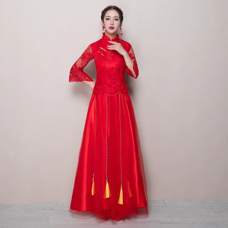 Красный китайский традиционный свадебное платье Cheongsam Qipao длинные восточные Стиль платья Китай Костюмы Вышивка халат