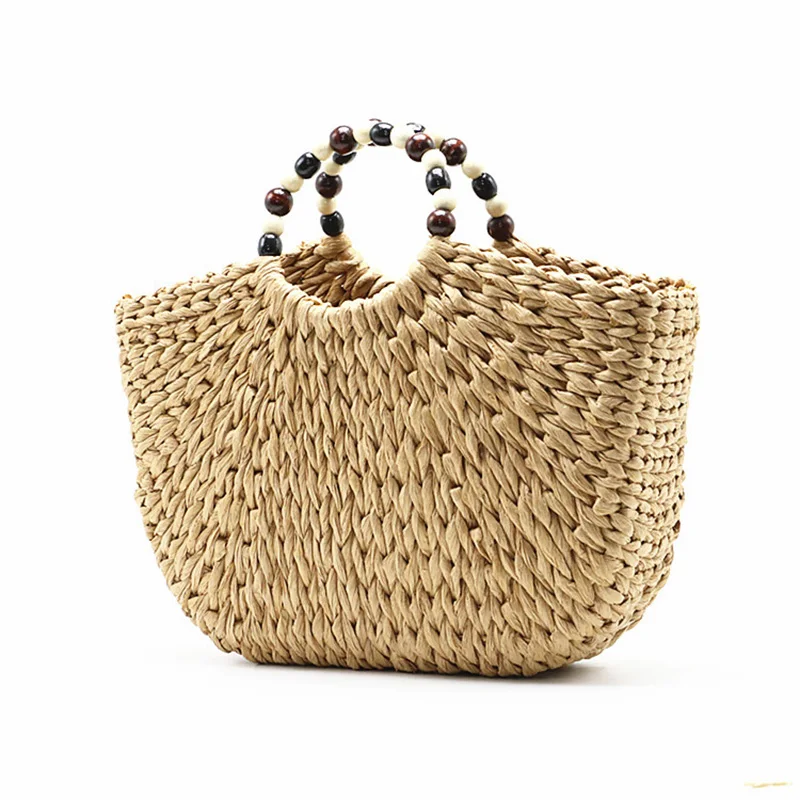 

2019 New desgin round straw bag Vintage hand-woven woven handbags fashion beads bag large capacity beach bags for women