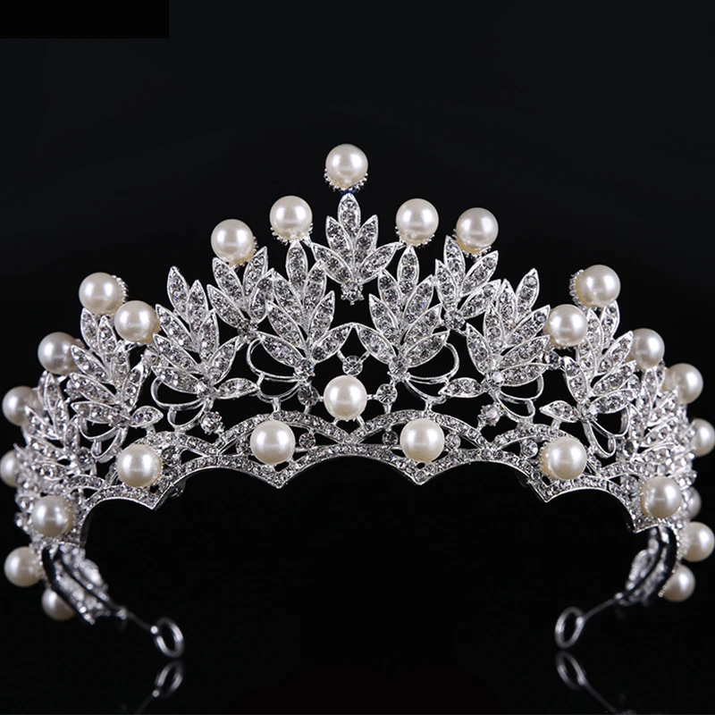 Silver Pearl Crystal Hair Crowns Tiaras For Bridal Women Weeding