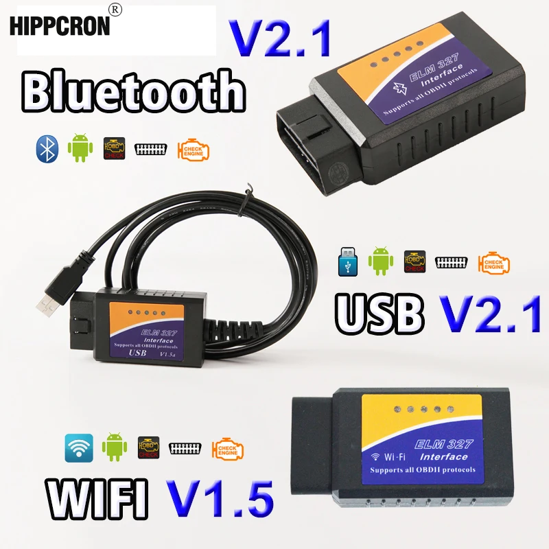 Hippcron USB Bluetooth WIFI ELM327 OBD2 / OBDII ELM 327 V1.5 / V2.1 for ...