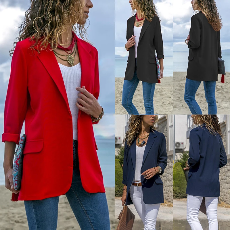 2019 Work Ol Suit Women Office Long Sleeve Blazer Notched Outfits Female Autumn Summer ladies Suits Blue Black Red