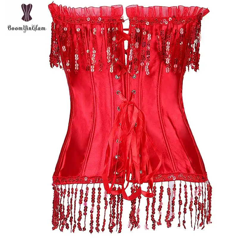 Красный корсет с кисточками, сексуальный женский утягивающий Сатиновые корсеты, декорированный блестками,, рекламный корсет