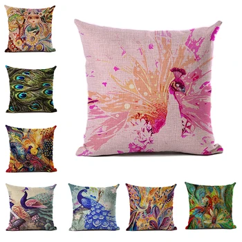 

Watercolor Series Linen and Polyester Cushion Cover Chinese Style Peacock Feather Pattern Pillowcase Western Sofa Decoration