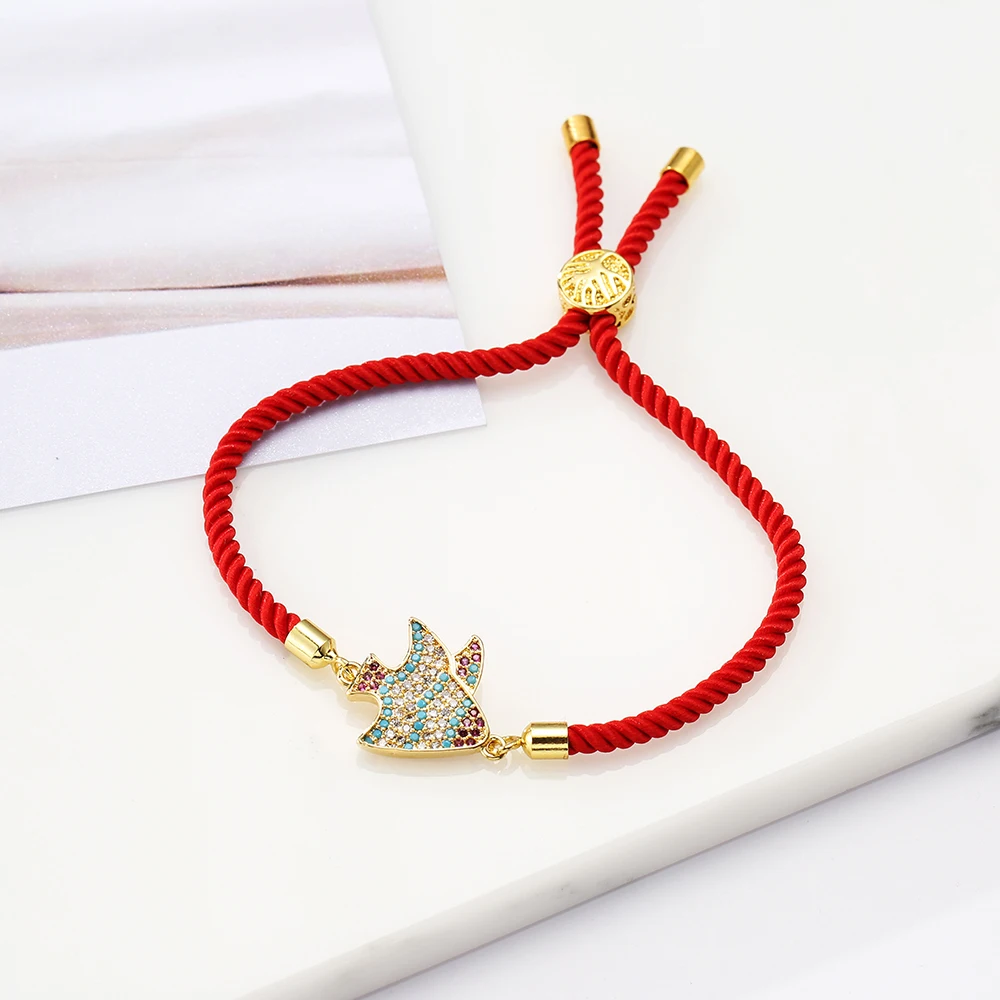 

NEWBUY Trendy Copper Fish Charm Bracelets For Elegant Women Colourful Cubic Zirconia Inlay Red Rope Bracelets Female Party Gift