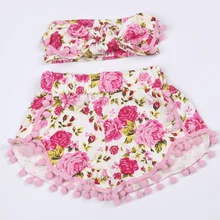 Комплект одежды в стиле шебби-шик для маленьких девочек, шорты с цветочным принтом, повязка на голову с цветочным принтом, шорты с помпонами для девочек, летний комплект одежды для девочек, одежда для малышей