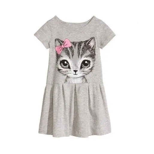 

2-7T Baby Girls Dress Fashion Kids Bow Cat Print Dress Summer Cotton Children Summer Clothes